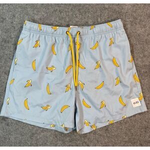 Eubi Mens Banana Print Swim Shorts Light Blue Yellow Drawstring Size M